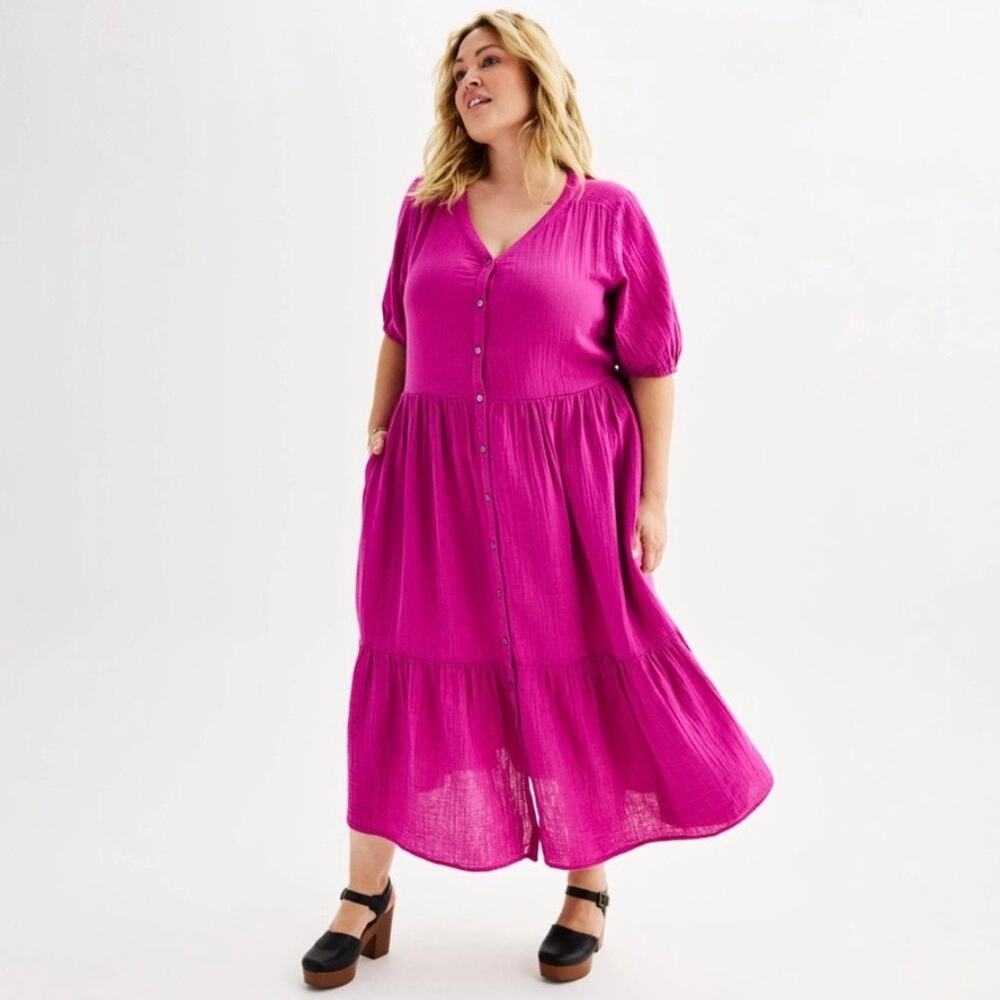 NWT Sonoma‎ Midi Dress Size 1X Pink Button Front Femme Pockets Cotton Feminine